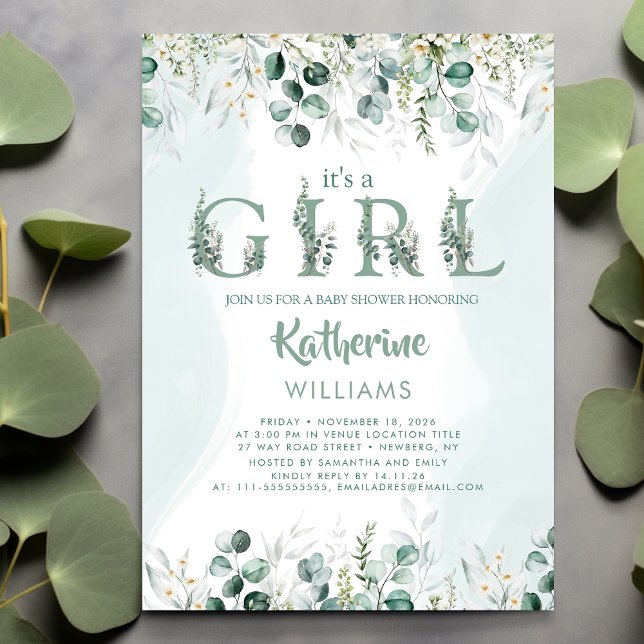 Invitación Eucalyptus verde es un Baby Shower Chica (Subido por el creador)