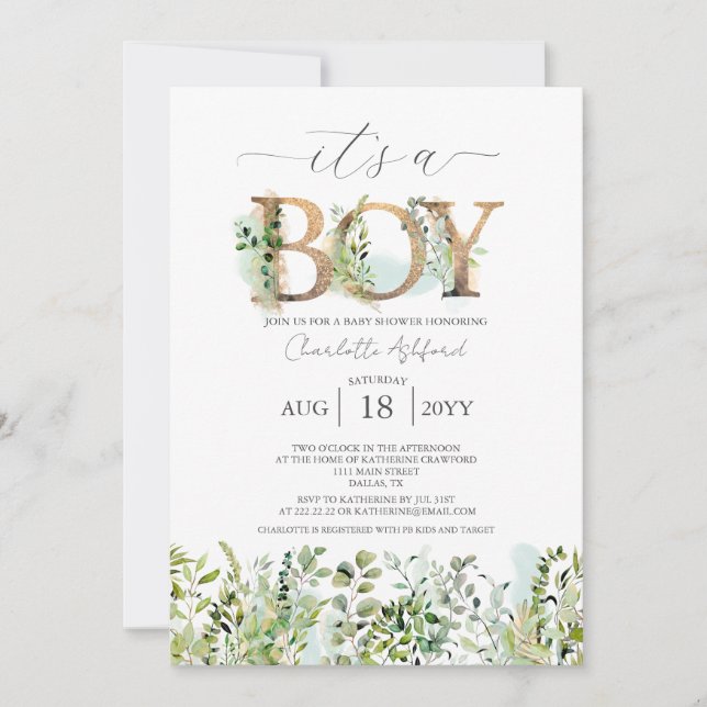 Invitación Eucalyptus verde es un niño Baby Shower (Anverso)