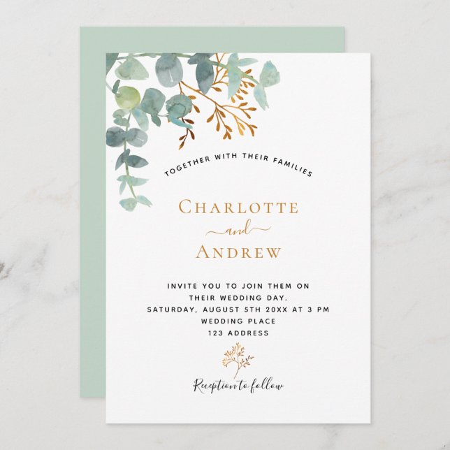 Invitación Eucalyptus verde oro elegante boda moderna (Anverso / Reverso)