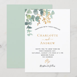 Invitación Eucalyptus verde oro elegante boda moderna