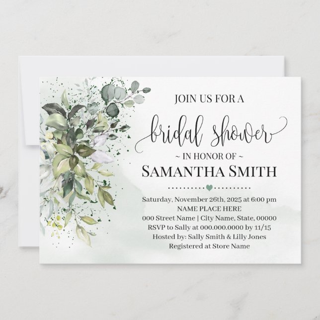 Invitación Eucalyptus verde polvo acuarela ducha de novia (Anverso)