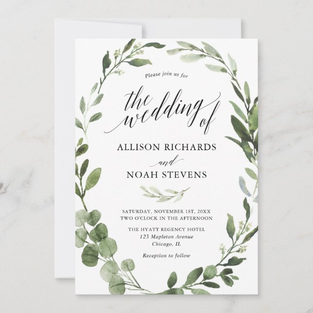 Invitación Eucalyptus verde sencilla y elegante boda (Anverso)