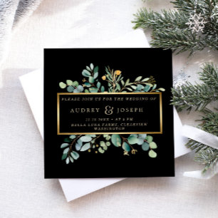 Invitación Eucalyptus verde sobre negro Boda de Navidades