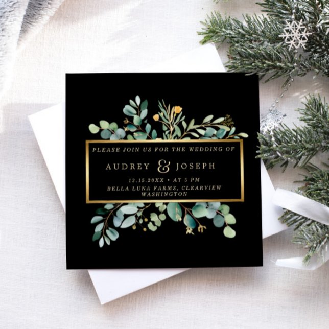Invitación Eucalyptus verde sobre negro | Boda de Navidades (Subido por el creador)