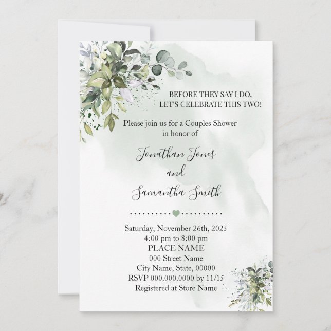 Invitación Eucalyptus verde suculentas parejas ducha (Anverso)