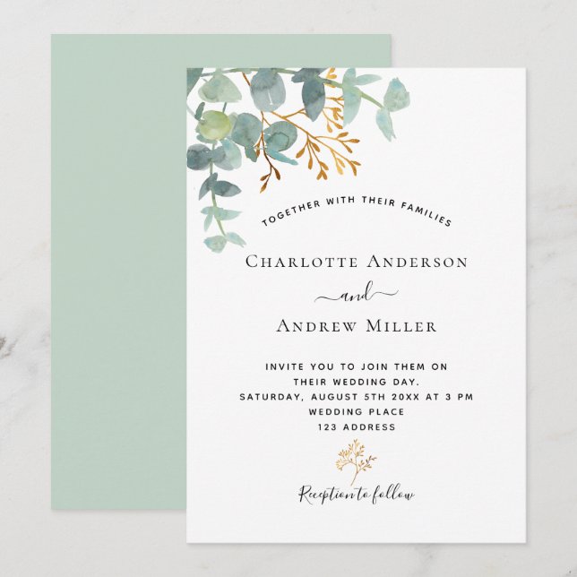 Invitación Eucalyptus verde verde boda moderna y elegante (Anverso / Reverso)