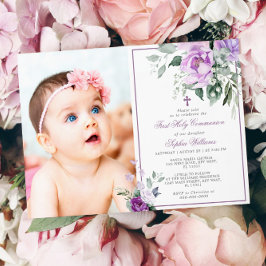 Invitación Eucalyptus Violet Foto Chica Primera Comunión Sant
