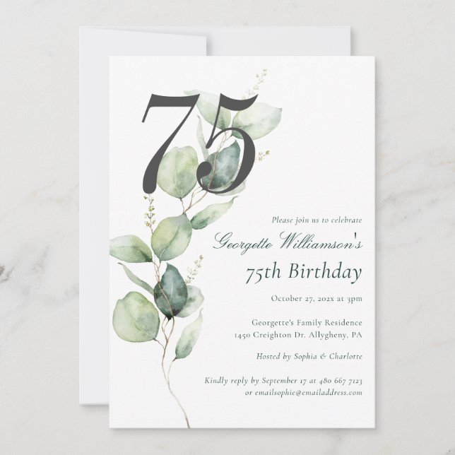 Invitación Eucalyptus Watercolor 75th Birthday Script (Anverso)