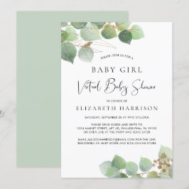 Invitación Eucalyptus Watercolor Bebé Chica Virtual Ducha