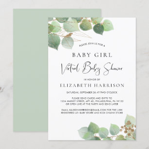 Invitación Eucalyptus Watercolor Bebé Chica Virtual Ducha