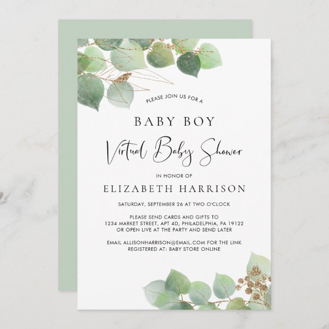 Invitación Eucalyptus Watercolor Bebé Ducha Virtual (Anverso / Reverso)