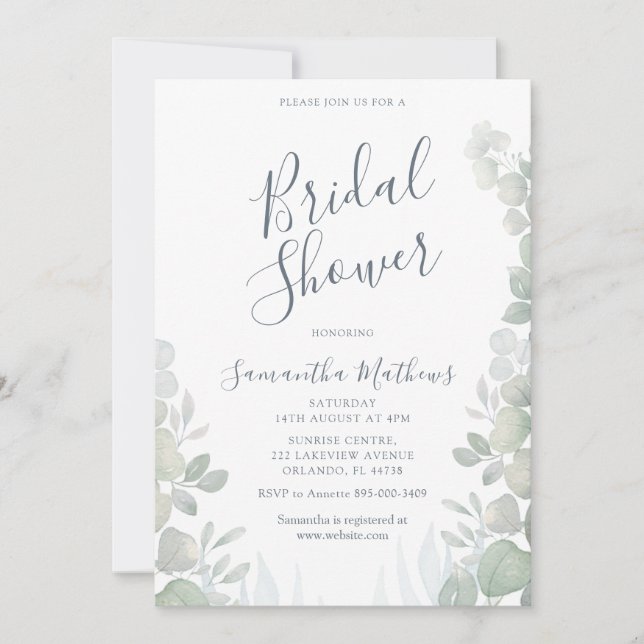 Invitación Eucalyptus Watercolor Boda Bridal Shower (Anverso)