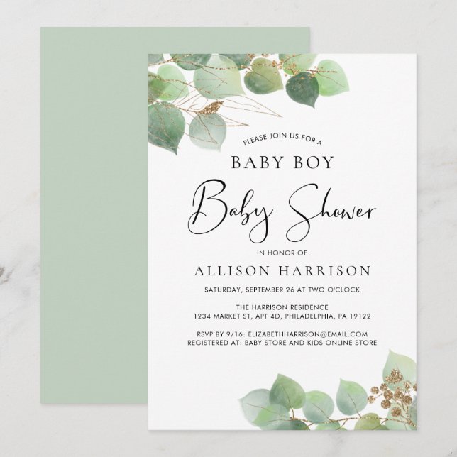 Invitación Eucalyptus Watercolor Boy Baby Shower (Anverso / Reverso)