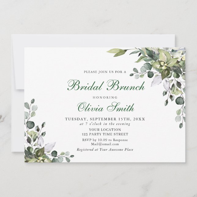 Invitación Eucalyptus Watercolor Bridal Brunch (Anverso)