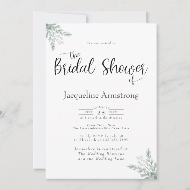 Invitación Eucalyptus Watercolor Bridal Shower (Anverso)