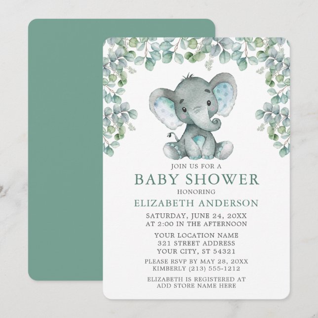 Invitación Eucalyptus Watercolor deja Baby Shower elefante (Anverso / Reverso)