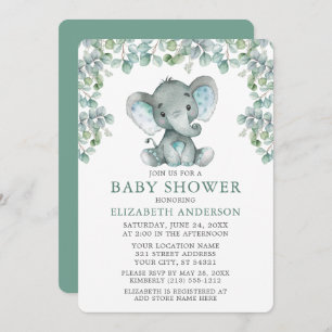 Invitación Eucalyptus Watercolor deja Baby Shower elefante