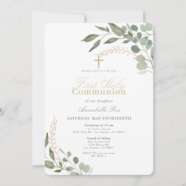 Invitación Eucalyptus Watercolor First Holy Communia (Anverso)