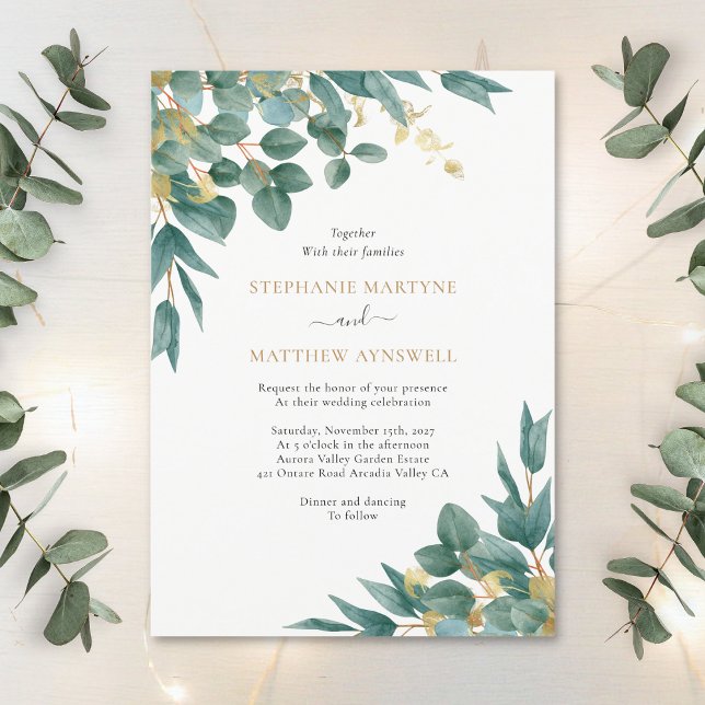 Invitación Eucalyptus Watercolor Gold Leaks Boda (Subido por el creador)