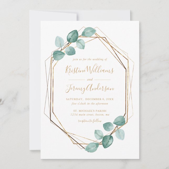 Invitación Eucalyptus Watercolor Gold Script Boda I (Anverso)