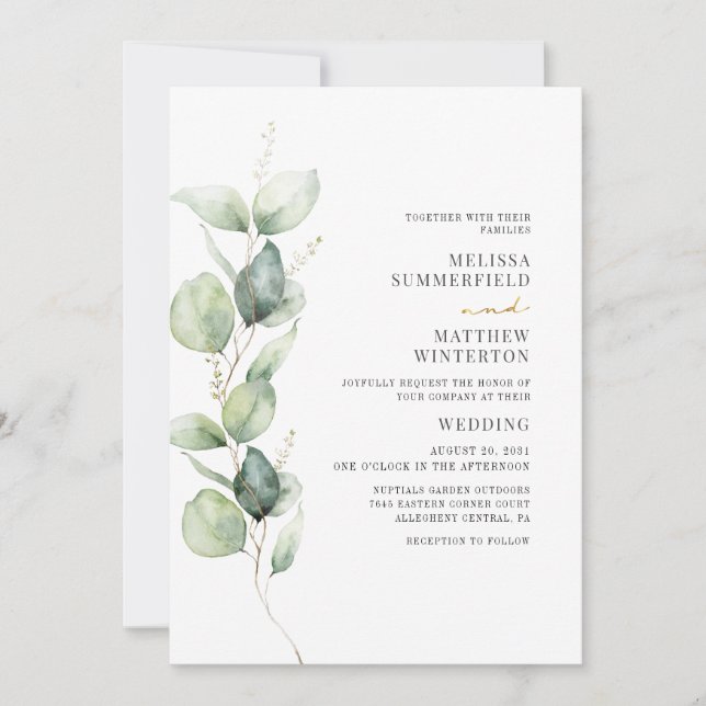 Invitación Eucalyptus Watercolor Greenery Boda botánico (Anverso)