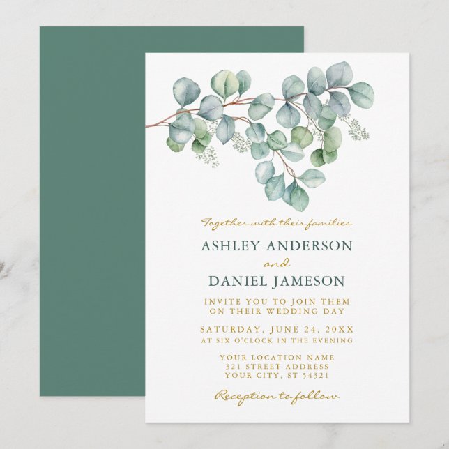 Invitación Eucalyptus Watercolor Greenery Boda Gold (Anverso / Reverso)