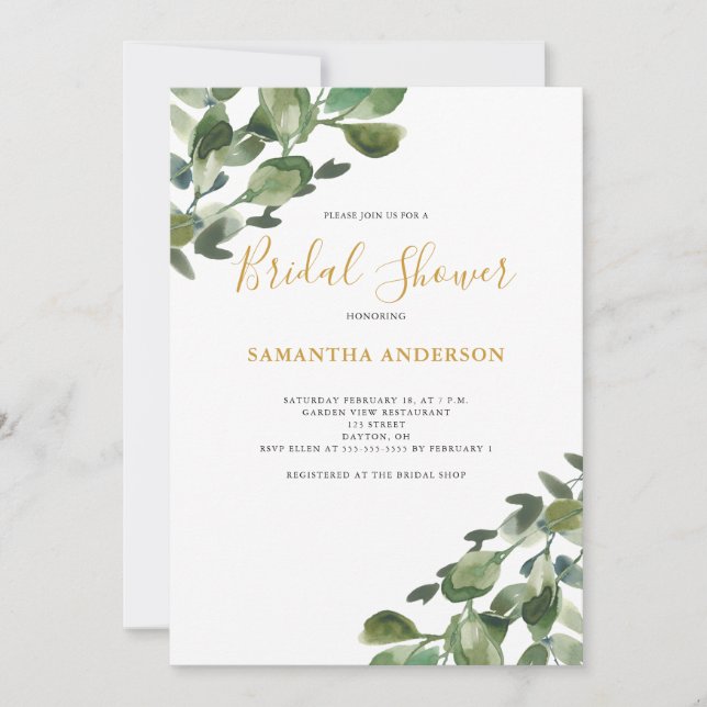 Invitación Eucalyptus Watercolor Greenery Bridal Shower (Anverso)