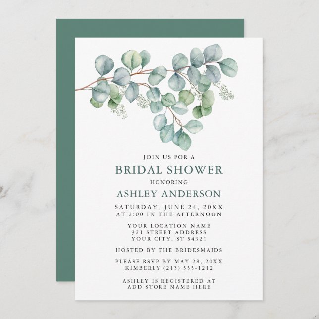 Invitación Eucalyptus Watercolor Greenery Bridal Shower (Anverso / Reverso)