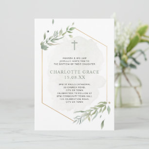 Invitación Eucalyptus Watercolor Sage Green & Gold Baptism