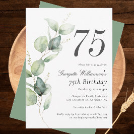 Invitación Eucalyptus Watercolor Script 75º cumpleaños