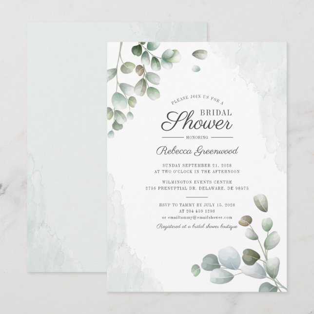 Invitación Eucalyptus Watercolor Succulum Shower (Anverso / Reverso)