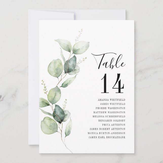 Invitación Eucalyptus Watercolor Table Number Wedding Seating (Anverso)
