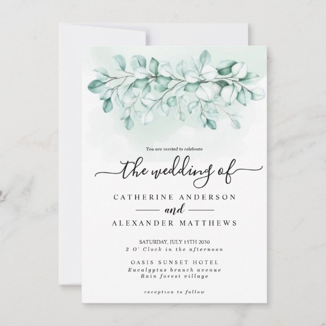 Invitación Eucalyptus Watercolor Verde Elegante Hoja Moderna (Anverso)