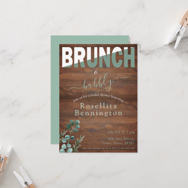 Invitación Eucalyptus Wood Brunch y Bubbly Bridal Shower (Anverso/Reverso In Situ)