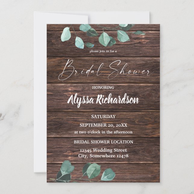 Invitación Eucalyptus & Wood Greenery Bridal Shower (Anverso)