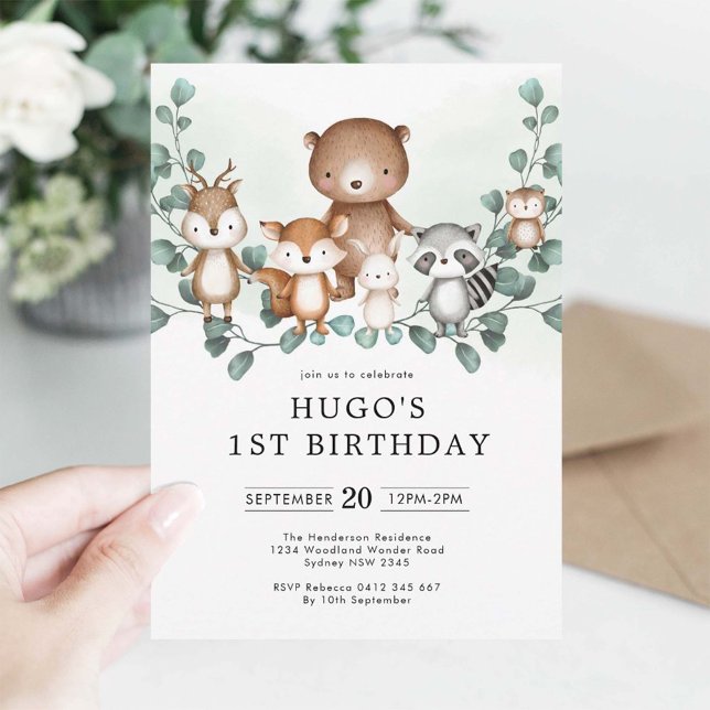 Invitación Eucalyptus Woodland Animals Greenery 1er cumpleaño (Subido por el creador)