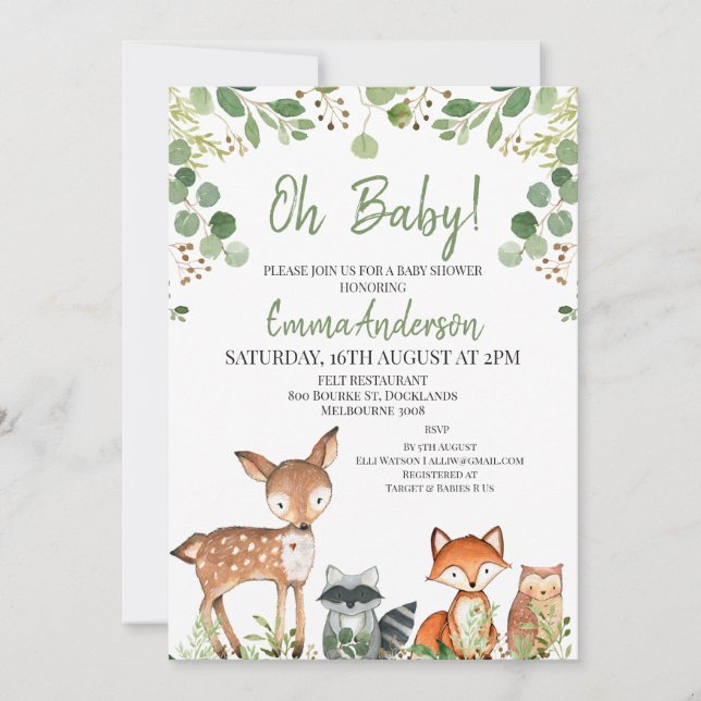 Invitación Eucalyptus Woodland Baby Shower (Anverso)