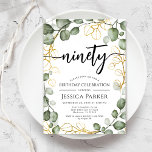 Invitación Eucalyptus Wreath 90th Birthday Party<br><div class="desc">Invitación a la fiesta de cumpleaños número 90. Elegante diseño floral botánico en blanco verde y falso oro purpurina. Diseño moderno y elegante con decoración de color agua pintada a mano con eucalipto correa y letra de guión. Perfecto para una elegante celebración de los días 90. Personaliza con tus propios...</div>