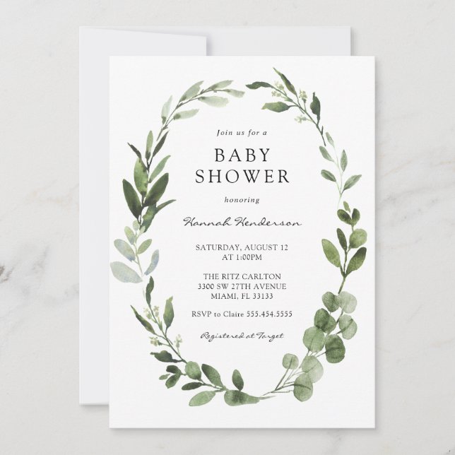 Invitación Eucalyptus Wreath Baby Shower (Anverso)