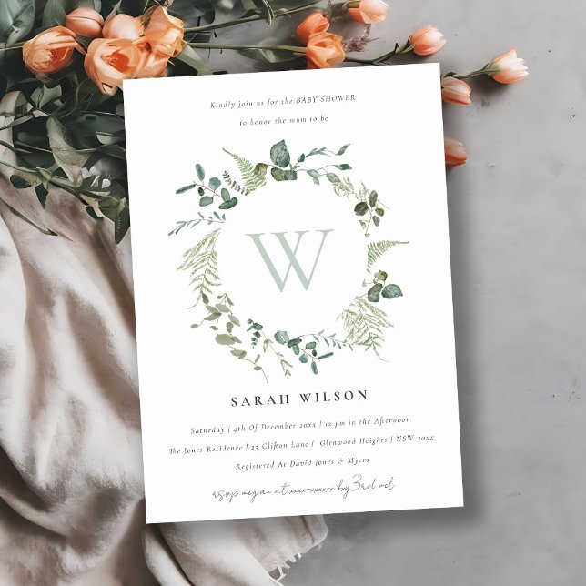 Invitación Eucalyptus Wreath Baby Shower Monograma (Subido por el creador)