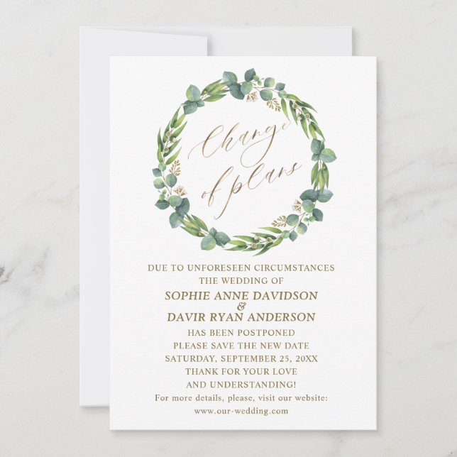 Invitación Eucalyptus Wreath Boda Cambio De Planes De Oro (Anverso)