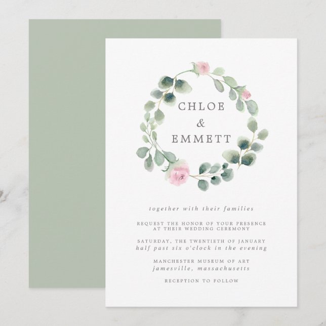 Invitación Eucalyptus Wreath, Boda Floral Rosa (Anverso / Reverso)