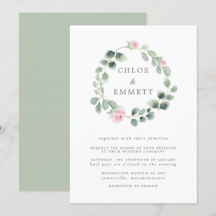 Invitación Eucalyptus Wreath, Boda Floral Rosa