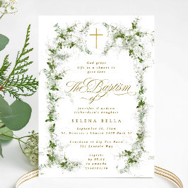 Invitación Eucalyptus Wreath Gold Cross Baptism