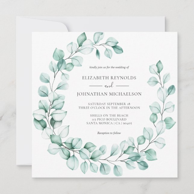 Invitación Eucalyptus Wreath Greenery Elegante acuarela (Anverso)