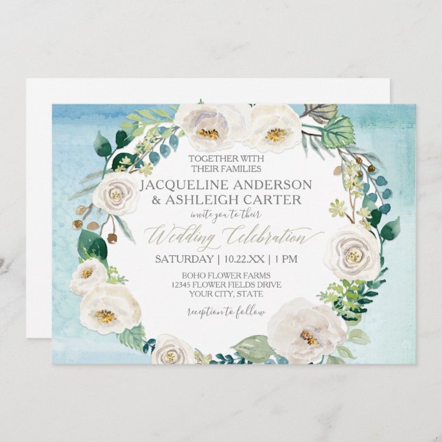 Invitación Eucalyptus Wreath, Rosa ruso de alabastro blanco (Anverso / Reverso)