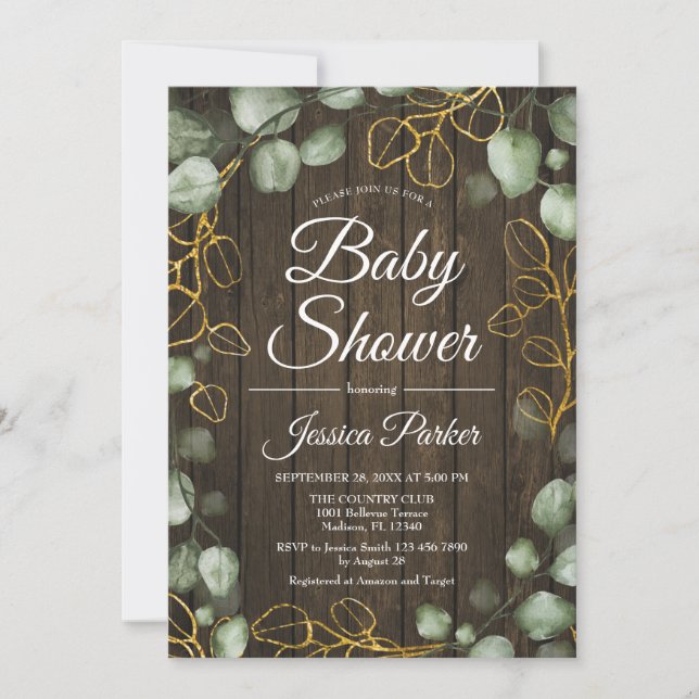 Invitación Eucalyptus Wreath Rustic Wood Baby Shower (Anverso)