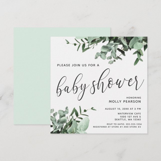 Invitación Eucalyptus y Baby Shower de acuarela botánica (Anverso / Reverso)