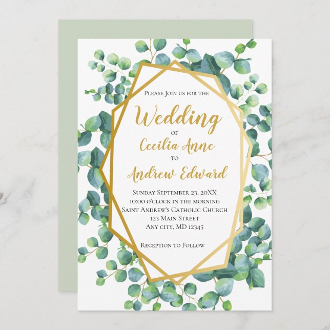 Invitación Eucalyptus y Boda floral verde marco dorado (Anverso / Reverso)