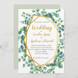 Invitación Eucalyptus y Boda floral verde marco dorado